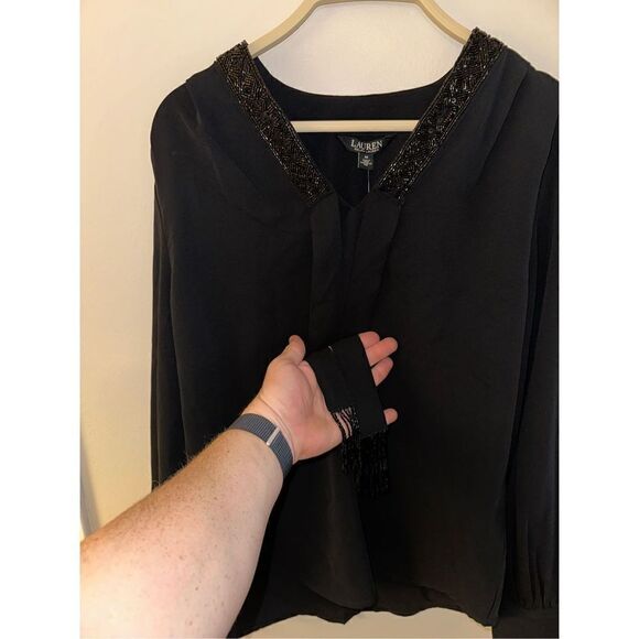 NWT Lauren Ralph Lauren Black Label Blouse Medium Beaded - Picture 3 of 5
